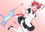  1girl absurdres alternate_costume animal_ears apron bangs birthday blue_eyes blush cat cat_ears cat_tail commentary enmaided hair_bun high_heels highres love_live! love_live!_superstar!! maid maid_apron maid_headdress pink_background redhead single_side_bun surprised tail thigh-highs yoneme_mei zero-theme 