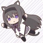  1girl akemi_homura animal_ears argyle argyle_legwear black_hair black_hairband black_pantyhose blush cat_ears cat_girl cat_tail chibi full_body hairband long_hair long_sleeves lowres mahou_shoujo_madoka_magica open_mouth pantyhose solo speed_lines tail violet_eyes yuno385 