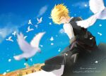  1boy bird black_cape black_footwear black_pants black_vest blonde_hair blurry building cape city copyright_name dated_commentary day depth_of_field dove from_behind full_body giotto_(reborn) hair_between_eyes happy_birthday indian_style italian_text katekyo_hitman_reborn looking_at_viewer looking_back maha male_focus off_shoulder pants pinstripe_pants pinstripe_pattern pinstripe_vest shirt short_hair sitting smile striped vest white_shirt yellow_eyes 