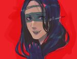 1boy artist_name black_gloves black_hair blue_eyes commentary_request facepaint final_fantasy final_fantasy_xiv gloves haisen hand_up happy highres karasu_kanshi laurel_crown long_hair looking_at_viewer male_focus open_mouth partial_commentary portrait red_background sidelocks signature simple_background sketch smile solo twitter_username 