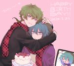  3boys :d ai_shin annoyed aqua_eyes aqua_hair bangs beanie birthday birthday_cake black_jacket blue_scarf cake closed_eyes closed_mouth dated food green_hair green_headwear grin hair_between_eyes happy_birthday hat head_hug highres hiyori_sou holding holding_cake holding_food hug jacket kimi_ga_shine layered_sleeves long_sleeves looking_at_another low_ponytail male_focus midori_(kimi_ga_shine) multiple_boys necktie parted_lips pink_background polka_dot_necktie purple_jacket red_necktie scarf short_hair simple_background smile spiky_hair streamers uououoon 