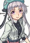  1girl akitsushima_(kancolle) alternate_costume bangs beret blue_headwear grey_hair hat highres jacket kantai_collection long_hair long_sleeves looking_at_viewer makun_dx one-hour_drawing_challenge open_mouth smile solo twitter_username violet_eyes white_jacket 