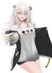  1girl absurdres ahoge akaisu animal_ears choker ear_piercing fangs grey_eyes grey_hair grey_jacket highres hololive jacket jewelry lion_ears long_hair pendant piercing shishiro_botan short_shorts shorts virtual_youtuber white_background 