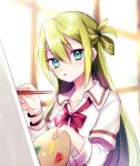  1girl alina_gray aqua_eyes art_brush blunt_ends bow bowtie breasts canvas_(object) green_hair hair_between_eyes holding holding_paintbrush long_hair looking_at_viewer loose_bowtie magia_record:_mahou_shoujo_madoka_magica_gaiden mahou_shoujo_madoka_magica mamoru0520 multicolored_hair paint paintbrush painting_(action) palette_(object) sakae_general_school_uniform school_uniform sidelocks sitting sleeves_rolled_up small_breasts solo straight_hair streaked_hair very_long_hair 