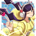 1girl :p bangs blue_background blue_eyes blunt_bangs blush buckle crop_top electricity elesa_(pokemon) floating_hair fur_jacket gem headphones heart highres index_finger_raised jacket long_sleeves mocacoffee_1001 multicolored_hair one_eye_closed pointing pokemon pokemon_(game) pokemon_bw2 purple_hair short_hair_with_long_locks solo sparkle streaked_hair tongue tongue_out white_hair yellow_jacket 