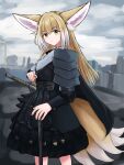  1girl absurdres aged_up animal_ear_fluff animal_ears arknights armor bangs black_skirt blue_sky brown_hair building closed_mouth clouds cloudy_sky commentary english_commentary fox_ears fox_girl fox_tail from_side green_eyes hair_between_eyes highres kitsune long_hair long_sleeves looking_at_viewer looking_to_the_side multicolored_hair outdoors pauldrons rylaera shoulder_armor sketch skirt sky solo suzuran_(arknights) sword tail two-tone_hair very_long_hair weapon white_hair 