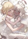  2girls blonde_hair closed_eyes collarbone dark_elf dark_skin elf feathered_wings halo highres hug looking_at_another multiple_girls narumi_arata open_mouth original pointy_ears sleeveless smile teeth upper_teeth white_hair wings 