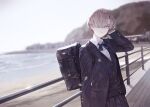  1girl bag blonde_hair blurry day depth_of_field hair_over_one_eye highres kaoming ocean original outdoors school_bag school_uniform short_hair solo 