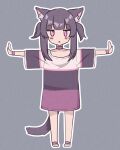  1girl :&lt; animal_ears bangs blunt_bangs cat_ears cat_tail chibi choker fallenshadow full_body grey_background highres indie_virtual_youtuber jitome kemonomimi_mode medium_hair oversized_clothes oversized_shirt renpc shirt solo standing t-pose t-shirt tail two_side_up virtual_youtuber wrist_cuffs 