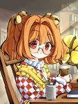  1girl apron bell blush character_name checkered_clothes checkered_kimono closed_mouth clothes_writing cup forbidden_scrollery glasses hair_bell hair_ornament highres holding holding_cup japanese_clothes jingle_bell kimono light_particles light_rays looking_at_viewer medium_hair motoori_kosuzu orange_hair red_eyes romaji_text round_eyewear sachisudesu semi-rimless_eyewear smile solo touhou two_side_up yellow_apron yunomi 