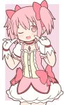  1girl blush bow choker collarbone gloves hair_bow kaname_madoka mahou_shoujo_madoka_magica one_eye_closed open_mouth pink_bow pink_eyes pink_hair pointing pointing_at_self short_hair short_twintails smile solo twintails white_gloves yuno385 