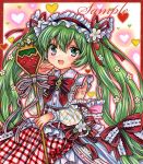  1girl :d apron bangs border bow bowtie buttons cowboy_shot detached_sleeves dress flower food frilled_sleeves frills fruit gingham gingham_apron green_eyes green_hair hair_between_eyes hair_flower hair_ornament hair_ribbon hand_up hatsune_miku heart holding holding_staff light_blush long_hair looking_at_viewer maid_headdress marker_(medium) open_mouth outside_border red_apron red_border red_bow red_bowtie red_ribbon ribbon rui_(sugar3) sample_watermark sleeveless sleeveless_dress smile solo staff standing strawberry strawberry_miku_(morikura) traditional_media twintails very_long_hair vocaloid white_dress white_flower white_sleeves 