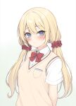  1girl absurdres blonde_hair blue_eyes blush bow bowtie closed_mouth commentary_request hair_ornament hair_scrunchie hanpenmaru highres long_hair looking_at_viewer low_twintails original red_bow red_bowtie red_scrunchie scrunchie shirt short_sleeves solo sweater_vest twintails white_shirt 