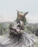 1girl 2022 absurdres antlers bangs bouquet ceres_fauna closed_eyes closed_mouth dress flower grey_hair head_wreath highres holding holding_bouquet hololive hololive_english horns kyatto-mikazu long_hair outdoors rose sky smile solo virtual_youtuber white_dress 