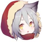  1girl :o animal_ears arknights chinese_commentary commentary_request ezaya fang fur-trimmed_hood fur_trim grey_hair hair_between_eyes hood hood_up open_mouth portrait projekt_red_(arknights) short_hair simple_background skin_fang solo v-shaped_eyebrows white_background wolf_ears wolf_girl yellow_eyes 