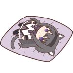  1girl :&lt; akemi_homura animal_ears argyle argyle_legwear black_hair black_hairband black_pantyhose blanket blush cat_ears cat_girl cat_tail chibi closed_mouth hairband long_hair long_sleeves looking_at_viewer lowres lying mahou_shoujo_madoka_magica on_back pantyhose solo tail violet_eyes yuno385 