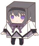  1girl akemi_homura argyle argyle_legwear black_hair black_hairband black_pantyhose chibi closed_mouth frown full_body hairband long_hair long_sleeves looking_at_viewer mahou_shoujo_madoka_magica pantyhose simple_background solo violet_eyes white_background yuno385 