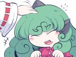 +++ 1girl blush_stickers buttons closed_eyes collared_shirt curly_hair fang flying_sweatdrops fried_rice0614 green_hair hakurei_reimu horns komano_aunn long_hair motion_lines one-hour_drawing_challenge open_mouth red_shirt shirt short_sleeves simple_background single_horn smile solo_focus tongue tongue_out touhou white_background 