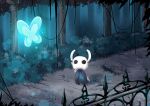  1other blue_cape bug butterfly cape daifuku_suke forest full_body glowing hollow_eyes hollow_knight horns knight_(hollow_knight) nature no_humans outdoors 