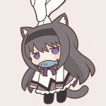  1girl akemi_homura animal_ears black_hair black_hairband black_pantyhose cat_ears cat_girl cat_tail chibi disembodied_limb fish_in_mouth food_in_mouth full_body hairband long_sleeves lowres mahou_shoujo_madoka_magica mouth_hold pantyhose solo tail violet_eyes yuno385 