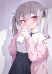  1girl 2022 bangs bare_shoulders black_skirt collared_shirt drink drinking_straw grey_hair hair_between_eyes highres long_hair long_sleeves looking_at_viewer original pink_nails pleated_skirt quarterlift red_eyes shirt shirt_tucked_in skirt standing sweater twintails white_shirt 