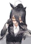  1girl adjusting_eyewear ahoge amano_kokoko animal_ears bangs black_gloves black_hair black_pants business_suit eyelashes formal glasses gloves hair_between_eyes hand_up highres horse_ears horse_girl long_bangs long_hair long_sleeves looking_at_viewer manhattan_cafe_(umamusume) one_eye_closed pants shirt sidelocks sitting solo suit umamusume white_shirt yellow_eyes 