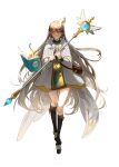  1boy absurdres bangs bishop bishop_(maplestory) book brown_hair cizzi eyebrows_hidden_by_hair hair_between_eyes highres holding holding_staff long_hair looking_at_viewer magical_girl maplestory simple_background skirt smile solo staff tachi-e white_background yellow_eyes 