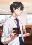  1boy black_hair blue_necktie cup disposable_cup ear_piercing grey_eyes hair_between_eyes highres indoors lanyard looking_at_viewer male_focus necktie original piercing salaryman shirt standing upper_body white_shirt yori_(ito_haruki) 