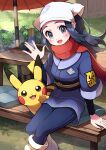  1girl :d absurdres akari_(pokemon) arm_support bench black_hair black_shirt blush commentary_request cushion day eyelashes grey_eyes grey_jacket grey_skirt hand_up head_scarf highres jacket logo long_hair looking_at_viewer open_mouth outdoors pantyhose pikachu pokemon pokemon_(creature) pokemon_(game) pokemon_legends:_arceus pon_yui ponytail shirt sidelocks sitting skirt smile white_headwear 