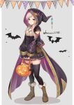  1girl alternate_costume animal_print bat_print black_thighhighs blush bridal_gauntlets brown_eyes brown_footwear buttons candy closed_mouth commentary_request cute fire_emblem fire_emblem_awakening fire_emblem_heroes food food-themed_hair_ornament full_body grey_hair hair_ornament halloween halloween_bucket halloween_costume haru_(nakajou-28) highres hood hood_up intelligent_systems long_hair looking_at_viewer moe nintendo pumpkin_hair_ornament robin_(fire_emblem) robin_(fire_emblem)_(female) smile solo thigh-highs twintails twitter_username 