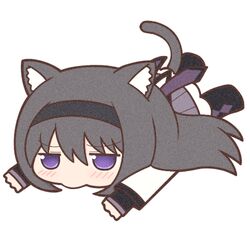  1girl akemi_homura animal_ears argyle argyle_legwear black_hair black_hairband black_pantyhose cat_ears cat_girl cat_tail chibi hairband long_hair long_sleeves looking_at_viewer lowres lying mahou_shoujo_madoka_magica on_stomach pantyhose solo tail violet_eyes yuno385 