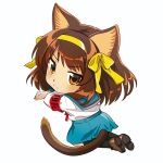  1girl animal_ears armband bangs black_socks blue_sailor_collar blue_skirt blush bow brown_eyes brown_footwear brown_hair cat_ears cat_tail chibi closed_mouth commentary_request frown full_body hair_bow hairband hotaru_iori ichimi_renge kemonomimi_mode kita_high_school_uniform kneehighs looking_at_viewer looking_back red_armband sailor_collar school_uniform second-party_source serafuku shirt shoes short_hair simple_background skirt socks solo suzumiya_haruhi suzumiya_haruhi_no_yuuutsu tail white_background white_shirt yellow_bow yellow_hairband 
