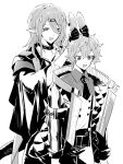 2boys animal_ears arknights bishounen black_gloves cowboy_shot gloves highres holding_ears infection_monitor_(arknights) iwashi_80 jacket leonhardt_(arknights) male_focus monochrome multiple_boys necktie open_mouth pointy_ears rabbit_boy rabbit_ears shalem_(arknights) simple_background snake_tail tail white_background