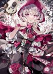  1girl :o alternate_costume bangs black_dress character_name coco7 dress flower frills grey_hair hood hood_up lolita_fashion long_hair looking_at_viewer nijisanji nijisanji_en open_mouth petals pink_eyes poppi_(reimu_endou) puffy_sleeves red_flower red_rose reimu_endou rose solo virtual_youtuber white_dress 