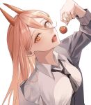  1girl arm_up bangs black_necktie blonde_hair breasts candy chainsaw_man chupa_chups collared_shirt cross-shaped_pupils fingernails food grey_jacket grey_shirt hair_between_eyes hand_up highres horns jacket kim_leeyoon lollipop long_fingernails long_hair long_sleeves looking_to_the_side medium_breasts nail_polish necktie open_clothes open_jacket open_mouth orange_eyes pink_nails power_(chainsaw_man) sharp_teeth shirt simple_background solo symbol-shaped_pupils teeth tongue upper_body white_background wing_collar 