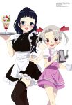  2girls 4-nin_wa_sorezore_uso_o_tsuku absurdres apron artist_request black_thighhighs blue_eyes blush bow chiyo_(4uso) dress fang grey_hair hair_bow hand_on_hip highres holding holding_tray legs looking_at_viewer megami_magazine mole mole_under_eye multiple_girls official_art open_mouth parfait ponytail purple_dress red_bow red_eyes rikka_(4uso) short_hair short_twintails simple_background thigh-highs tray twintails waist_apron waitress white_background zettai_ryouiki 