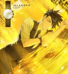  1boy bangs black_hair earrings eyebrows_hidden_by_hair formal hair_over_one_eye jewelry klasse14 looking_at_viewer lying necktie original reflection shipl short_hair smile suit watch water yellow_eyes 