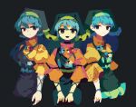  3girls 4qw5 :d apron black_background blue_hair closed_mouth green_apron green_headwear haniyasushin_keiki head_scarf long_hair multiple_girls open_mouth red_eyes short_sleeves simple_background single_strap smile touhou violet_eyes 