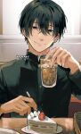  1boy artist_name bangs black_hair black_jacket cake chainsaw_man cup earrings food fruit hair_between_eyes holding holding_cup holding_utensil ice jacket jewelry kadeart looking_at_viewer mole mole_under_mouth restaurant school_uniform short_hair simple_background sitting smile strawberry strawberry_shortcake table tea yoshida_hirofumi 