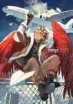  1boy aircraft airplane arm_up bangs black_bodysuit black_gloves blonde_hair blue_sky bodysuit boku_no_hero_academia boots brown_jacket brown_pants building chain-link_fence closed_mouth english_commentary facial_hair feathered_wings feathers fence full_body fur_trim gloves goggles hawks_(boku_no_hero_academia) headphones holding_paper_airplane jacket kadeart long_sleeves looking_at_viewer looking_up male_focus open_clothes open_jacket pants paper_airplane red_feathers red_wings short_hair sitting_on_fence sky smile solo superhero wings yellow_eyes 