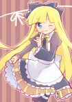  back_bow bangs black_bow black_dress blonde_hair blue_eyes bow dress long_hair long_sleeves looking_at_viewer maid one_eye_closed pink_background pointing puyopuyo ribbon smile striped striped_background white_bow witch_(puyopuyo) xox_xxxxxx yellow_ribbon 