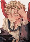  1boy artist_name bangs black_jacket black_necktie blonde_hair blush boku_no_hero_academia buttons closed_mouth commentary earrings feathered_wings hand_in_own_hair hawks_(boku_no_hero_academia) jacket jewelry kadeart lipstick_mark_on_face lipstick_mark_on_neck long_sleeves looking_at_viewer multiple_rings necktie parted_bangs red_wings ring shirt simple_background solo stud_earrings sweatdrop symbol-only_commentary thick_eyebrows watch watch white_background white_shirt wings yellow_eyes 