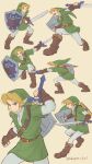  1boy absurdres artist_name bangs belt blonde_hair boots brown_belt brown_footwear brown_gloves cowboy_shot fingerless_gloves gloves green_headwear green_tunic grey_pants highres holding holding_shield holding_sword holding_weapon hylian_shield knee_boots link master_sword multiple_views open_mouth pants parted_bangs shield simple_background sword takapon-o-ji teeth the_legend_of_zelda the_legend_of_zelda:_ocarina_of_time tongue watermark weapon 