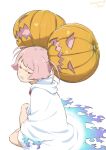  1girl chuatury_panlunch cloak dated double_bun errant gundam gundam_suisei_no_majo hair_bun hair_ornament halloween_costume highres hood hooded_cloak jack-o&#039;-lantern jack-o&#039;-lantern_hair_ornament pink_eyes pink_hair scowl signature sitting white_background 