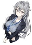  1girl absurdres bangs blush breasts bronya_zaychik bronya_zaychik_(silverwing:_n-ex) closed_mouth collarbone crossed_bangs formal grey_eyes grey_hair hair_between_eyes highres honkai_(series) honkai_impact_3rd jacket long_hair looking_at_viewer looking_up ponytail simple_background solo syhan white_background 