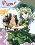  1girl :d camouflage camouflage_headwear camouflage_shirt camouflage_skirt english_text flat_cap green_eyes green_hair green_headwear green_shirt green_skirt gun hat holding holding_weapon isu_(is88) key medium_hair open_mouth shirt short_sleeves skirt smile solo speech_bubble touhou weapon yamashiro_takane 