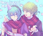  2boys :/ :d aqua_eyes aqua_hair bangs beanie black_jacket blue_background closed_eyes closed_mouth facing_another green_hair hair_between_eyes hat hiyori_sou jacket kimi_ga_shine layered_sleeves long_sleeves low_ponytail male_focus midori_(kimi_ga_shine) multiple_boys open_mouth party_hat polka_dot polka_dot_scarf portrait purple_jacket red_scarf sash scarf simple_background smile spiky_hair sweat uououoon 