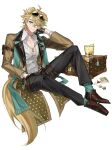  1boy animal_ears arknights bishounen black_gloves blonde_hair card dog_boy dog_ears dog_tags dog_tail eyewear_on_head formal full_body gloves hand_on_own_face highres jewelry male_focus necklace playing_card shidare_(youh4016) shirt short_hair simple_background solo sunglasses tail tequila tequila_(arknights) white_shirt 