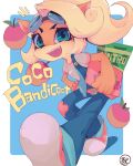 1girl animal_ears animal_nose aqua_eyes artist_name belt blonde_hair blue-tinted_eyewear blue_background blue_overalls body_fur border character_name coco_bandicoot commentary computer crash_bandicoot_(series) earrings english_text eyewear_on_head fangs flat_chest food fruit furry furry_female goggles grey-framed_eyewear haisen hand_on_hip highres holding holding_laptop jewelry laptop leaning_forward long_hair looking_at_viewer notice_lines open_mouth orange_fur outside_border overalls patch paw_print pink_footwear pink_scrunchie pink_trim ponytail scrunchie shirt shoes short_sleeves sidelocks signature simple_background smile sneakers snout solo strap_slip stud_earrings teeth tinted_eyewear two-tone_fur walking white_border white_shirt wooden_box wrist_scrunchie wumpa_fruit yellow_fur 