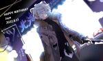  1boy animal_ears arknights bandaid bandaid_on_hand bear_boy bear_ears birthday bishounen coat cowboy_shot dated dutch_angle fur_collar grey_eyes grey_hair iwashi_80 jaye_(arknights) kanji knife light_smile male_focus short_hair solo sweater turtleneck turtleneck_sweater 